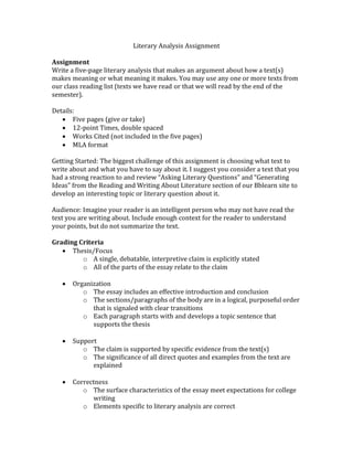 Literary Analysis Assignment
Assignment
Write a five-page literary analysis that makes an argument about how a text(s)
makes meaning or what meaning it makes. You may use any one or more texts from
our class reading list (texts we have read or that we will read by the end of the
semester).
Details:
• Five pages (give or take)
• 12-point Times, double spaced
• Works Cited (not included in the five pages)
• MLA format
Getting Started: The biggest challenge of this assignment is choosing what text to
write about and what you have to say about it. I suggest you consider a text that you
had a strong reaction to and review “Asking Literary Questions” and “Generating
Ideas” from the Reading and Writing About Literature section of our Bblearn site to
develop an interesting topic or literary question about it.
Audience: Imagine your reader is an intelligent person who may not have read the
text you are writing about. Include enough context for the reader to understand
your points, but do not summarize the text.
Grading Criteria
• Thesis/Focus
o A single, debatable, interpretive claim is explicitly stated
o All of the parts of the essay relate to the claim
• Organization
o The essay includes an effective introduction and conclusion
o The sections/paragraphs of the body are in a logical, purposeful order
that is signaled with clear transitions
o Each paragraph starts with and develops a topic sentence that
supports the thesis
• Support
o The claim is supported by specific evidence from the text(s)
o The significance of all direct quotes and examples from the text are
explained
• Correctness
o The surface characteristics of the essay meet expectations for college
writing
o Elements specific to literary analysis are correct
 