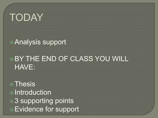 TODAYAnalysis supportBY THE END OF CLASS YOU WILL HAVE:ThesisIntroduction3 supporting pointsEvidence for support