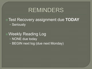 Writer’s Notebook1/3/11“2011 GOALS”In the year 2011, my goals are…These goals will make me a better person…And I won’t be satisfied until I meet these goals because…REMEMBER, ¾ of a page!DON’T FORGET:   Weekly Reading Logs DUE EVERY MONDAY.Content: Goals