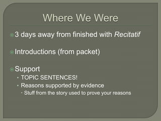 REMINDERSTest Recovery assignment due TODAYSeriouslyWeekly Reading LogNONE due todayBEGIN next log (due next Monday)