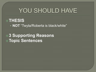 Where We Were3 days away from finished with RecitatifIntroductions (from packet)SupportTOPIC SENTENCES!Reasons supported by evidenceStuff from the story used to prove your reasons