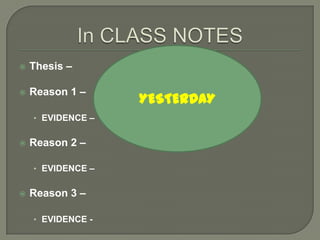 Writer’s Notebook1/4/11“Achieving GOALS”Look back at the goals you set for yourself yesterday. Make a plan for how you will achieve each goal. Make sure this includes the steps/behaviors you need to complete.REMEMBER, ¾ of a page!DON’T FORGET:   Weekly Reading Logs DUE EVERY MONDAY.Content: Goals