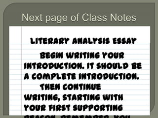 TODAYWe begin writing our essays.Look back at the “Introduction” notesWrite the IntroLook back at the “Topic Sentence” notesLook back at the “Summary, etc.” notesWrite the body paragraphs