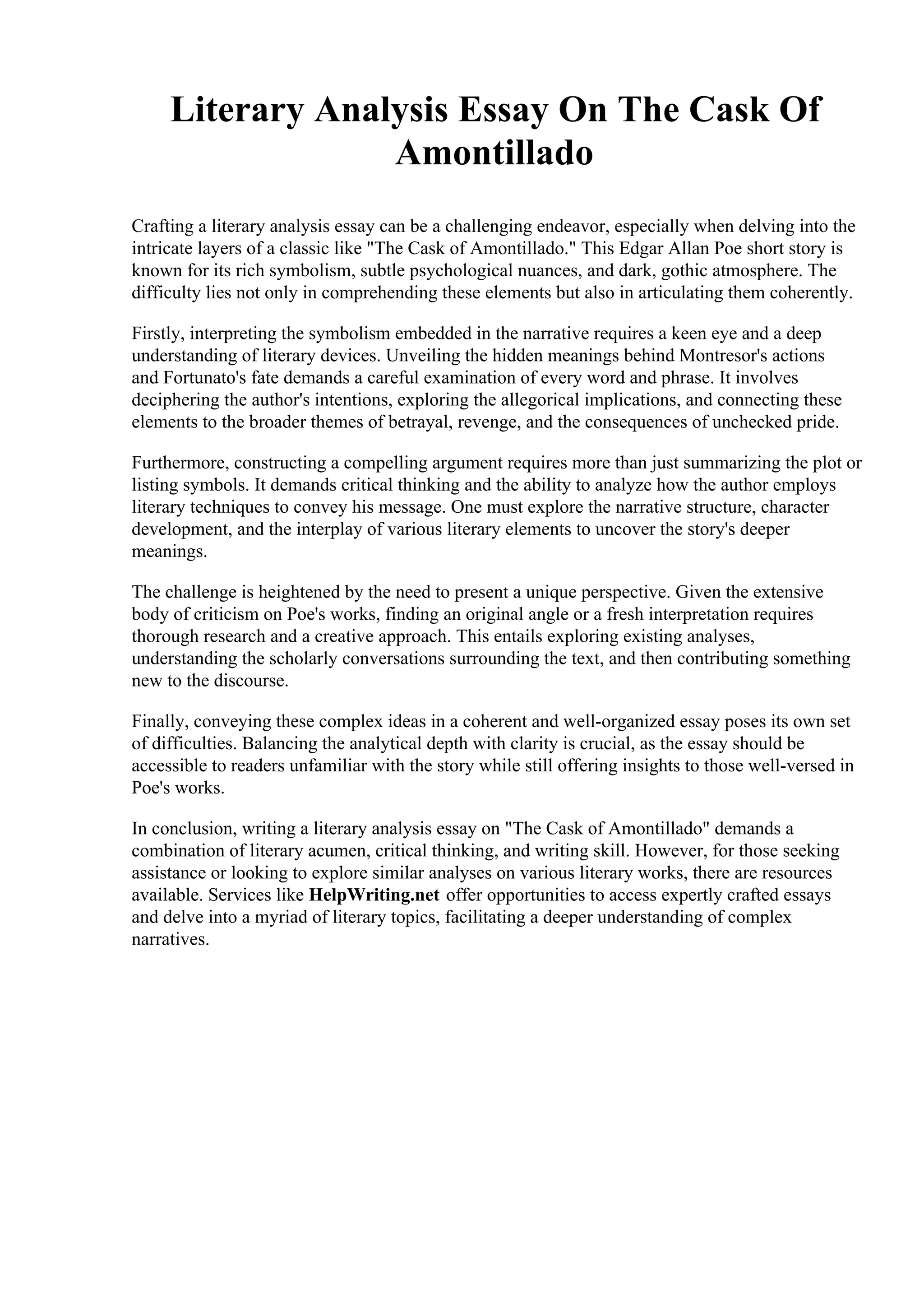 Literary Analysis Essay On The Cask Of Amontillado.pdf