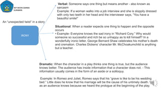 IKIP WIDYA DARMA
SURABAYA
IRONY
An “unexpected twist” in a story
Verbal: Someone says one thing but means another - also known as
sarcasm
Example: If a woman walks into a job interview and she is sloppily dressed
with only two teeth in her head and the interviewer says, “You have a
beautiful smile!”
Situational: When a reader expects one thing to happen and the opposite
occurs
• Example- Everyone knows the sad irony in “Richard Cory.” Why would
someone so successful and rich be so unhappy as to kill himself? In a
wonderfully ironic letter, George Bernard Shaw celebrates his mother’s death
and cremation. Charles Dickens’ character Mr. McChoakumchild is anything
but a teacher.
Dramatic: When the character in a play thinks one thing is true, but the audience
knows better. The audience has inside information that a character does not. - This
information usually comes in the form of an aside or a soliloquy.
Example: In Romeo and Juliet, Romeo says that his “grave is like to be his wedding
bed.” Little does he know that his marriage will be the cause of his untimely death. We
as an audience knows because we heard the prologue at the beginning of the play.
 