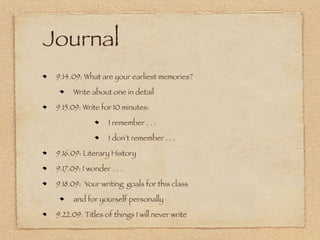 Journal
 9.14.09: What are your earliest memories?

       Write about one in detail

 9.15.09: Write for 10 minutes:

                   I remember . . .

                   I don’t remember . . .

 9.16.09: Literary History

 9.17.09: I wonder . . .

 9.18.09: Your writing goals for this class

       and for yourself personally

 9.22.09: Titles of things I will never write
 