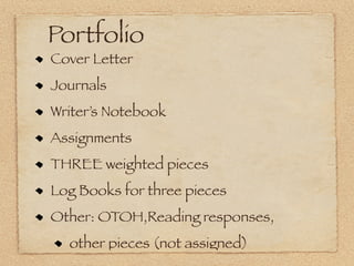Portfolio
Cover Letter
Journals
Writer’s Notebook
Assignments
THREE weighted pieces
Log Books for three pieces
Other: OTOH,Reading responses,
  other pieces (not assigned)
 
