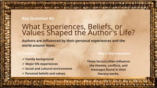 Key Question #2:
What Experiences, Beliefs, or
Values Shaped the Author's Life?
Authors are influenced by their personal experiences and the
world around them.
Consider:
✔ Family background
✔ Major life experiences
✔ Social and cultural environment
✔ Personal beliefs and values
Why is this important?
These factors often influence
the themes, conflicts, and
messages found in their
literary works.
 