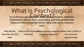 What is Psychological
Context?
It is a literary approach that refers to the thoughts, emotions,
motivations, beliefs, fears, personality, and mental state that
influence how a character thinks, feels, and acts in a literary
work.
Why did the
character act that
way?
What is the character
thinking?
What inner conflict is
the character
experiencing?
01 02 03
What emotions influence
character’s decision?
03
 
