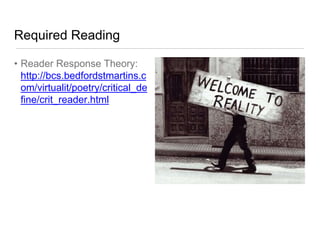 Required Reading
• Reader Response Theory:
http://bcs.bedfordstmartins.c
om/virtualit/poetry/critical_de
fine/crit_reader.html
 