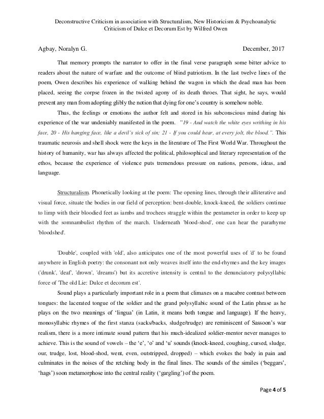 Literary Criticism Dulce Et Decorum Est By Wilfred Owen