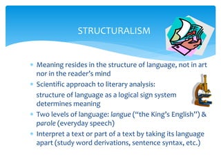 STRUCTURALISM
 Meaning resides in the structure of language, not in art
nor in the reader’s mind
 Scientific approach to literary analysis:
structure of language as a logical sign system
determines meaning
 Two levels of language: langue (“the King’s English”) &
parole (everyday speech)
 Interpret a text or part of a text by taking its language
apart (study word derivations, sentence syntax, etc.)
 