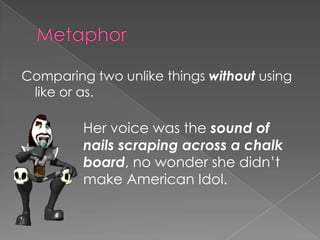 MetaphorComparing two unlike things without using like or as.Her voice was the sound of nails scraping across a chalk board, no wonder she didn’t make American Idol.