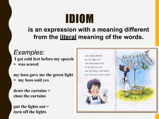 IDIOM
is an expression with a meaning different
from the literal meaning of the words.
Examples:
I got cold feet before my speech
= was scared
my boss gave me the green light
= my boss said yes
draw the curtains =
close the curtains
put the lights out =
turn off the lights
 