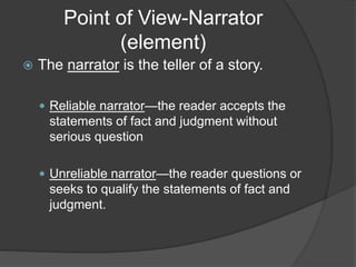 Point of View-Narrator
(element)
 The narrator is the teller of a story.
 Reliable narrator—the reader accepts the
statements of fact and judgment without
serious question
 Unreliable narrator—the reader questions or
seeks to qualify the statements of fact and
judgment.
 