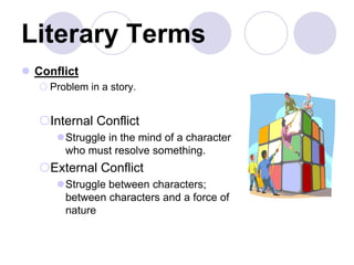 Literary Terms
 Conflict
 Problem in a story.
Internal Conflict
Struggle in the mind of a character
who must resolve something.
External Conflict
Struggle between characters;
between characters and a force of
nature
 