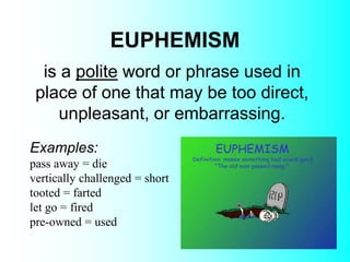 EUPHEMISM
Examples:
pass away = die
vertically challenged = short
tooted = farted
let go = fired
pre-owned = used
is a polite word or phrase used in
place of one that may be too direct,
unpleasant, or embarrassing.
 