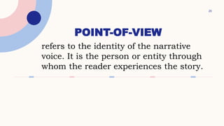 POINT-OF-VIEW
20
refers to the identity of the narrative
voice. It is the person or entity through
whom the reader experiences the story.
 