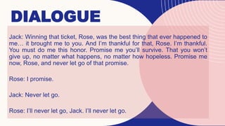 DIALOGUE
Jack: Winning that ticket, Rose, was the best thing that ever happened to
me… it brought me to you. And I’m thankful for that, Rose. I’m thankful.
You must do me this honor. Promise me you’ll survive. That you won’t
give up, no matter what happens, no matter how hopeless. Promise me
now, Rose, and never let go of that promise.
Rose: I promise.
Jack: Never let go.
Rose: I’ll never let go, Jack. I’ll never let go.
 