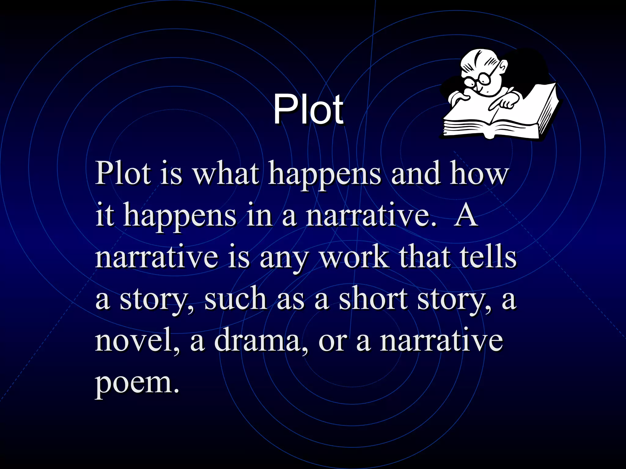Plot Plot is what happens and how it happens in a narrative.  A narrative is any work that tells a story, such as a short story, a novel, a drama, or a narrative poem. 