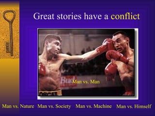 Great stories have a  conflict Man vs. Man Man vs. Nature Man vs. Society Man vs. Himself Man vs. Machine 