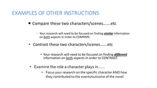 EXAMPLES OF OTHER INSTRUCTIONS:
 Compare these two characters/scenes…….etc
▪ Your research will need to be focused on finding similar information
on both aspects in order to COMPARE.
• Contrast these two characters/scenes…….etc
• Your research will need to be focused on finding different
information on both aspects in order to CONTRAST.
• Examine the role a character plays in……
• Focus your research on the specific character AND how
they contributed to the events/outcome of the novel.
 