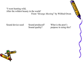 “I went hunting wild,
After the wildest beauty in the world’
From “Strange Meeting” by Wilfred Owen
Sound device used Sound produced?
Sound quality?
What is the poet’s
purpose in using this?
 