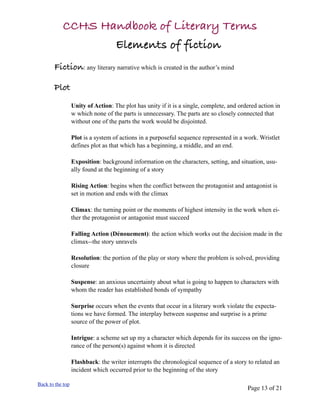 CCHS Handbook of Literary Terms
                  Elements of fiction
       Fiction: any literary narrative which is created in the author’s mind

       Plot
                  Unity of Action: The plot has unity if it is a single, complete, and ordered action in
                  w which none of the parts is unnecessary. The parts are so closely connected that
                  without one of the parts the work would be disjointed.

                  Plot is a system of actions in a purposeful sequence represented in a work. Wristlet
                  defines plot as that which has a beginning, a middle, and an end.

                  Exposition: background information on the characters, setting, and situation, usu-
                  ally found at the beginning of a story

                  Rising Action: begins when the conflict between the protagonist and antagonist is
                  set in motion and ends with the climax

                  Climax: the turning point or the moments of highest intensity in the work when ei-
                  ther the protagonist or antagonist must succeed

                  Falling Action (Dénouement): the action which works out the decision made in the
                  climax--the story unravels

                  Resolution: the portion of the play or story where the problem is solved, providing
                  closure

                  Suspense: an anxious uncertainty about what is going to happen to characters with
                  whom the reader has established bonds of sympathy

                  Surprise occurs when the events that occur in a literary work violate the expecta-
                  tions we have formed. The interplay between suspense and surprise is a prime
                  source of the power of plot.

                  Intrigue: a scheme set up my a character which depends for its success on the igno-
                  rance of the person(s) against whom it is directed

                  Flashback: the writer interrupts the chronological sequence of a story to related an
                  incident which occurred prior to the beginning of the story

Back to the top
                                                                                          Page 13 of 21
 