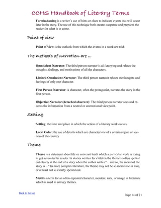 CCHS Handbook of Literary Terms
                  Foreshadowing is a writer’s use of hints or clues to indicate events that will occur
                  later in the story. The use of this technique both creates suspense and prepares the
                  reader for what is to come.

       Point of view
                  Point of View is the outlook from which the events in a work are told.


       The methods of narration are ...

                  Omniscient Narrator: The third person narrator is all-knowing and relates the
                  thoughts, feelings, and motivations of all the characters.

                  Limited Omniscient Narrator: The third person narrator relates the thoughts and
                  feelings of only one character.

                  First Person Narrator: A character, often the protagonist, narrates the story in the
                  first person.

                  Objective Narrator (detached observer): The third person narrator sees and re-
                  cords the information from a neutral or unemotional viewpoint.

       Setting
                  Setting: the time and place in which the action of a literary work occurs

                  Local Color: the use of details which are characteristic of a certain region or sec-
                  tion of the country

       Theme
                  Theme is a statement about life or universal truth which a particular work is trying
                  to get across to the reader. In stories written for children the theme is often spelled
                  out clearly at the end of a story when the author writes "... and so, the moral of the
                  story is ..." In more complex literature, the theme may not be so moralistic in tone,
                  or at least not so clearly spelled out.

                  Motifis a term for an often-repeated character, incident, idea, or image in literature
                  which is used to convey themes.


Back to the top
                                                                                            Page 14 of 21
 