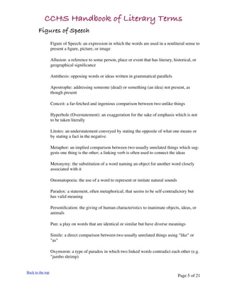 CCHS Handbook of Literary Terms
       Figures of Speech
                  Figure of Speech: an expression in which the words are used in a nonliteral sense to
                  present a ﬁgure, picture, or image

                  Allusion: a reference to some person, place or event that has literary, historical, or
                  geographical signiﬁcance

                  Antithesis: opposing words or ideas written in grammatical parallels

                  Apostrophe: addressing someone (dead) or something (an idea) not present, as
                  though present

                  Conceit: a far-fetched and ingenious comparison between two unlike things

                  Hyperbole (Overstatement): an exaggeration for the sake of emphasis which is not
                  to be taken literally

                  Litotes: an understatement conveyed by stating the opposite of what one means or
                  by stating a fact in the negative

                  Metaphor: an implied comparison between two usually unrelated things which sug-
                  gests one thing is the other; a linking verb is often used to connect the ideas

                  Metonymy: the substitution of a word naming an object for another word closely
                  associated with it

                  Onomatopoeia: the use of a word to represent or imitate natural sounds

                  Paradox: a statement, often metaphorical, that seems to be self-contradictory but
                  has valid meaning

                  Personiﬁcation: the giving of human characteristics to inanimate objects, ideas, or
                  animals

                  Pun: a play on words that are identical or similar but have diverse meanings

                  Simile: a direct comparison between two usually unrelated things using "like" or
                  "as"

                  Oxymoron: a type of paradox in which two linked words contradict each other (e.g.
                  "jumbo shrimp)


Back to the top
                                                                                             Page 5 of 21
 