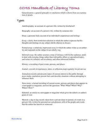 CCHS Handbook of Literary Terms
                  Generalization: a general principle or conclusion which is drawn from an examina-
                  tion of details

       Types
                  Autobiography: an account of a person's life, written by him/herself

                  Biography: an account of a person's life, written by someone else

                  Diary: a personal daily account of an individual's experiences and feelings

                  Essay: a fairly short nonﬁction selection in which the author expresses her/his
                  thoughts and feelings on any subject she/he chooses to discuss

                  Formal essay: a relatively impersonal essay in which the author writes as an author-
                  ity and expounds on the subject in an orderly way

                  Informal essay: the author assumes a tone of intimacy with his/her audience, tends
                  to deal with everyday things rather than with public affairs or specialized topics,
                  and writes in a relaxed, self-revelatory, and often whimsical fashion

                  History: a recording of past events, persons, and places

                  Journal: a record of experiences, ideas, or reﬂections kept regularly for private use

                  Journalism records and presents topics of current interest to the public through
                  news media; journalists present facts and describe situations without attempting to
                  inﬂuence them.

                  News story: a factual recording of current events, persons and places that appears in
                  a newspaper or magazine; answers the questions "Who? What? When? Why?
                  Where? How?"

                  Editorial: an article in a newspaper or magazine which gives the editor's or author's
                  point of view

                  Memoir: a day to day record, taken from a private diary or journal, of events in a
                  person's life, written for personal use and pleasure; tells of the people and events
                  that the author has known or witnessed




Back to the top
                                                                                            Page 9 of 21
 