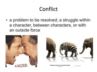 Conflict
• a problem to be resolved; a struggle within
a character, between characters, or with
an outside force
 