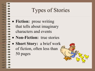 Types of Stories
 Fiction: prose writing
that tells about imaginary
characters and events
 Non-Fiction: true stories
 Short Story: a brief work
of fiction, often less than
50 pages
 