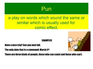 z Pun a play on words which sound the same or similar which is usually used for  comic effect. EXAMPLES Have a nice trip? See you next fall. The only date that is a command: March 4 th There are three kinds of people, those who can count and those who can’t. 