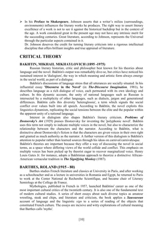 [10]
 In his Preface to Shakespeare, Johnson asserts that a writer’s milieu (surroundings,
environments) influences the literary works he produces. The right way to assert literary
excellence of a work is not to see it against the historical backdrop but in the context of
the age. A work considered great in the present age may not have any intrinsic merit for
the succeeding centuries. Great literature, according to Johnson, represents the Universal
through the particular aspects contained in it.
Dr. Johnson deserves the credit for turning literary criticism into a rigorous intellectual
discipline that offers brilliant insights and true appraisal of literature.
CRITICAL THEORY
BAKHTIN, MIKHAIL MIKHAYLOVICH (1895 -1975)
Russian literary historian, critic and philosopher best known for his theories about
language and the novel. Bakhtin's output was remarkably dive-se, but critics have noticed his
sustained interest in 'dialogism', the way in which meaning and artistic form always emerge
in the social world, as part of a dialogue.
Bakhtin's discussions of language stress that all utterances are socially situated. In his
influential essay 'Discourse in the Novel' (in The-Discourse Imagination, 1981), he
describes language as a rich dialogue of voice, each permeated with its own ideology and
culture. In this dynamic account, the unity of national languages such as Russian is
intersected by a multiplicity of other languages, such as dialects, jargon and generational
differences. Bakhtin calls this diversity 'heteroglossia', a term which signals the social
conflict over values built into all speech. According to Bakhtin, the novel exploits this
linguistics dynamism, replicating the social tensions between the elite and the popular within
the apparent unity of a national language.
Interest in dialogism also shapes Bakhtin's literary criticism. Problems of
Dostoevsky's Art (1929) praises Dostoevsky for inventing the 'polyphonic novel'. Bakhtin
uses this term not simply to indicate multiple voices in the novel, but also to characterize the
relationship between the characters and the narrator. According to Bakhtin, what is
distinctive about Dostoevsky's fiction is that the characters are given voices in their own right
and granted as much authority as the narrator. A further version of this dialogism is Bakhtin's
attention to popular rather than learned sources through his ideas on carnival/carnivalesque.
Bakhtin's theories are important because they offer a way of discussing the novel in social
terms, as a space where differing views of the world collide and conflict. This emphasis on
multiple voices has been picked up by theorist eagar to recover marginalized voice. Henry
Louis Gates Jr. for instance, adopts a Bakhtinian approach to theorize a distinctive African-
American vernacular tradition in The Signifying Monkey (1987).
BARTHES, ROLAND (1915 - 80)
Barthes studies French literature and classics at University in Paris, and after working
as a schoolteacher and as a lecture in universities in Romania and Egypt, he returned to Paris
to work at the Center National de Recherehe Scientifique, and became chair of Literary
Semiology at the College de France.
Mythologies, published in French in 1957, launched Bakhtins' career as one of the
most important cultural critics of the twentieth century. It is also one of the fundamental text
of modern cultural studies. A series of short essays about such diverse topics as amateur
wrestling, steak and chips, and literature and criticism, the book applies a Saussurean
account of language and the linguistic sign to a series of reading of the objects that
constituted French culture. The essays are incisive and witty explorations of cultural meaning
that Barthes calls 'myths'.
 