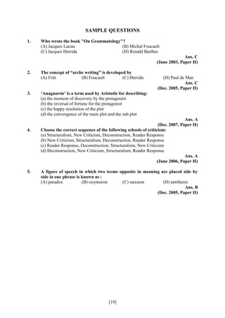 [19]
SAMPLE QUESTIONS
1. Who wrote the book "On Grammatology"?
(A) Jacques Lucan (B) Michal Foucault
(C) Jacques Derrida (D) Ronald Barthes
Ans. C
(June 2003, Paper II)
2. The concept of “arche writing” is developed by
(A) Fish (B) Foucault (C) Derrida (D) Paul de Man
Ans. C
(Dec. 2005, Paper II)
3. ‘Anagnorsis’ is a term used by Aristotle for describing:
(a) the moment of discovery by the protagonist
(b) the reversal of fortune for the protagonist
(c) the happy resolution of the plot
(d) the convergence of the main plot and the sub plot
Ans. A
(Dec. 2007, Paper II)
4. Choose the correct sequence of the following schools of criticism:
(a) Structuralism, New Criticism, Deconstruction, Reader Response
(b) New Criticism, Structuralism, Deconstruction, Reader Response
(c) Reader Response, Deconstruction, Structuralism, New Criticism
(d) Deconstruction, New Criticism, Structuralism, Reader Response
Ans. A
(June 2006, Paper II)
5. A figure of speech in which two terms opposite in meaning are placed side by
side in one phrase is known as :
(A) paradox (B) oxymoron (C) sarcasm (D) antithesis
Ans. B
(Dec. 2005, Paper II)
 