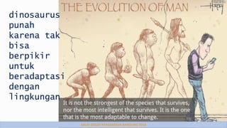 BALAI DIKLAT KEAGAMAAN BANDUNG 2014
dinosaurus
punah
karena tak
bisa
berpikir
untuk
beradaptasi
dengan
lingkungan
 