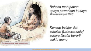 BALAI DIKLAT KEAGAMAAN BANDUNG 2014
Konsep belajar dan
sekolah [Latin:schoole]
secara filsafat berarti
waktu luang
Bahasa merupakan
upaya pewarisan budaya
[Koentjaraningrat:2002]
 