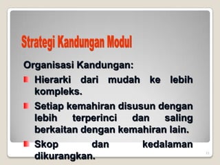 21
Organisasi Kandungan:
Hierarki dari mudah ke lebih
kompleks.
Setiap kemahiran disusun dengan
lebih terperinci dan saling
berkaitan dengan kemahiran lain.
Skop dan kedalaman
dikurangkan.
 