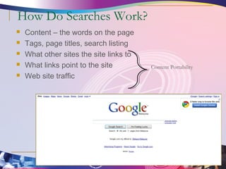 How Do Searches Work? 
 Content – the words on the page 
 Tags, page titles, search listing 
 What other sites the site links to 
 What links point to the site 
 Web site traffic 
Content Portability 
 