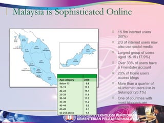 Malaysia is Sophisticated Online 
 16.8m internet users 
(60%) 
 2/3 of internet users now 
also use social media 
 Largest group of users 
aged 15-19 (17.9%) 
 Over 33% of users have 
a Friendster account 
 28% of home users 
access blogs 
 More than a quarter of 
all internet users live in 
Selangor (26.1%) 
 One of countries with 
most bloggers per 
person in the world 
 