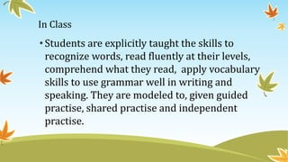 In Class
•Students are explicitly taught the skills to
recognize words, read fluently at their levels,
comprehend what they read, apply vocabulary
skills to use grammar well in writing and
speaking. They are modeled to, given guided
practise, shared practise and independent
practise.
 