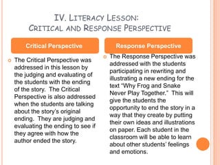 IV. LITERACY LESSON:
CRITICAL AND RESPONSE PERSPECTIVE
 The Critical Perspective was
addressed in this lesson by
the judging and evaluating of
the students with the ending
of the story. The Critical
Perspective is also addressed
when the students are talking
about the story’s original
ending. They are judging and
evaluating the ending to see if
they agree with how the
author ended the story.
 The Response Perspective was
addressed with the students
participating in rewriting and
illustrating a new ending for the
text “Why Frog and Snake
Never Play Together.” This will
give the students the
opportunity to end the story in a
way that they create by putting
their own ideas and illustrations
on paper. Each student in the
classroom will be able to learn
about other students’ feelings
and emotions.
Critical Perspective Response Perspective
 
