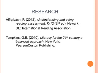 RESEARCH
Afflerbach, P. (2012). Understanding and using
reading assessment, K-12 (2nd ed). Newark,
DE: International Reading Association
Tompkins, G.E. (2010). Literacy for the 21st century a
balanced approach. New York:
PearsonCuston Publishing.
 