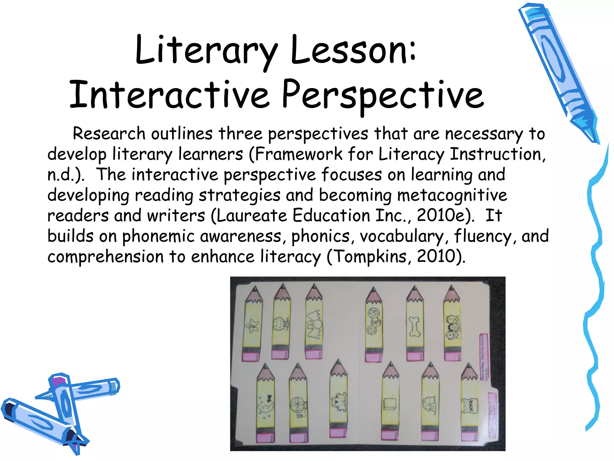 Literary Lesson:
Interactive Perspective
Research outlines three perspectives that are necessary to
develop literary learners (Framework for Literacy Instruction,
n.d.). The interactive perspective focuses on learning and
developing reading strategies and becoming metacognitive
readers and writers (Laureate Education Inc., 2010e). It
builds on phonemic awareness, phonics, vocabulary, fluency, and
comprehension to enhance literacy (Tompkins, 2010).
 