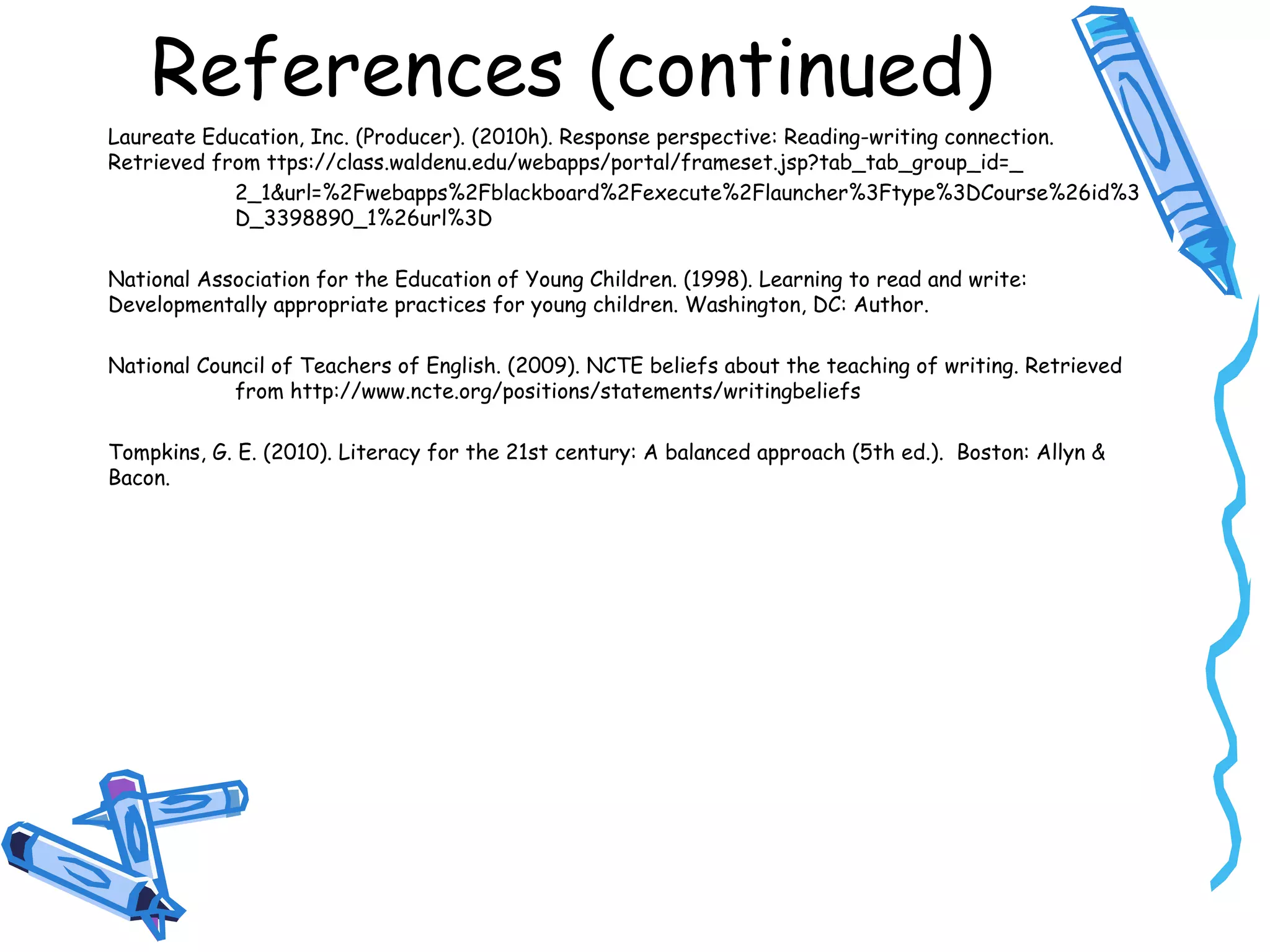 References (continued)
Laureate Education, Inc. (Producer). (2010h). Response perspective: Reading-writing connection.
Retrieved from ttps://class.waldenu.edu/webapps/portal/frameset.jsp?tab_tab_group_id=_
2_1&url=%2Fwebapps%2Fblackboard%2Fexecute%2Flauncher%3Ftype%3DCourse%26id%3
D_3398890_1%26url%3D
National Association for the Education of Young Children. (1998). Learning to read and write:
Developmentally appropriate practices for young children. Washington, DC: Author.
National Council of Teachers of English. (2009). NCTE beliefs about the teaching of writing. Retrieved
from http://www.ncte.org/positions/statements/writingbeliefs
Tompkins, G. E. (2010). Literacy for the 21st century: A balanced approach (5th ed.). Boston: Allyn &
Bacon.
 