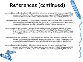 References (continued)
Laureate Education, Inc. (Producer). (2010c). Getting to know your students. Retrieved from ttps://class.
waldenu.edu/webapps/portal/frameset.jsp?tab_tab_group_id=_2_1&url=%2Fwebapps%2Fbl
ackboard%2Fexecute%2Flauncher%3Ftype%3DCourse%26id%3D_3398890_1%26url%3D
Laureate Education, Inc. (Producer). (2010d). Reading Inventories. Retrieved from https://class.waldenu.
edu/webapps/portal/frameset.jsp?tab_tab_group_id=_2_1&url=%2Fwebapps%2Fblackboard
%2Fexecute%2Flauncher%3Ftype%3DCourse%26id%3D_3398890_1%26url%3D
Laureate Education, Inc. (Producer). (2010e). Interactive Perspective: Strategic Processing. Retrieved
from https://class.waldenu.edu/webapps/portal/frameset.jsp?tab_tab_group_id=_2_1&url=
%2Fwebapps%2Fblackboard%2Fexecute%2Flauncher%3Ftype%3DCourse%26id%3D_33988
90_1%26url%3D
Laureate Education, Inc. (Producer). (2010f). Analyzing and selecting texts. Retrieved from ttps://class.
waldenu.edu/webapps/portal/frameset.jsp?tab_tab_group_id=_2_1&url=%2Fwebapps%2Fbl
ackboard%2Fexecute%2Flauncher%3Ftype%3DCourse%26id%3D_3398890_1%26url%3D
Laureate Education, Inc. (Producer). (2010g). Critical perspective. Retrieved from ttps://class.
waldenu.edu/webapps/portal/frameset.jsp?tab_tab_group_id=_2_1&url=%2Fwebapps%2Fbl
ackboard%2Fexecute%2Flauncher%3Ftype%3DCourse%26id%3D_3398890_1%26url%3D
 