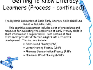 Getting to Know Literacy
Learners (Process - continued)
The Dynamic Indicators of Basic Early Literacy Skills (DIBELS)
(Good & Kaminski, 1988)
This cognitive assessment includes a set of procedures and
measures for evaluating the acquisition of early literacy skills in
short intervals on a regular basis. Each section of this
assessment provides different insights into a students’
development. The sections include:
» First Sound Fluency (FSF)
» Letter Naming Fluency (LNF)
» Phoneme Segmentation Fluency (PSF)
» Nonsense Word Fluency (NWF)
 