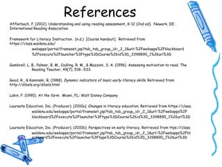 References
Afflerbach, P. (2012). Understanding and using reading assessment, K–12 (2nd ed). Newark, DE:
International Reading Association.
Framework for Literacy Instruction. (n.d.) [Course handout]. Retrieved from
https://class.waldenu.edu/
webapps/portal/frameset.jsp?tab_tab_group_id=_2_1&url=%2Fwebapps%2Fblackboard
%2Fexecute%2Flauncher%3Ftype%3DCourse%26id%3D_3398890_1%26url%3D
Gambrell, L. B., Palmer, B. M., Codling, R. M., & Mazzoni, S. A. (1996). Assessing motivation to read. The
Reading Teacher, 49(7), 518--533.
Good, R., & Kaminski, R. (1988). Dynamic indicators of basic early literacy skills. Retrieved from
http://dibels.org/dibels.html
Lakin, P. (1990). At the farm. Miami, FL: Walt Disney Company.
Laureate Education, Inc. (Producer). (2010a). Changes in literacy education. Retrieved from https://class.
waldenu.edu/webapps/portal/frameset.jsp?tab_tab_group_id=_2_1&url=%2Fwebapps%2F
blackboard%2Fexecute%2Flauncher%3Ftype%3DCourse%26id%3D_3398890_1%26url%3D
Laureate Education, Inc. (Producer). (2010b). Perspectives on early literacy. Retrieved from ttps://class.
waldenu.edu/webapps/portal/frameset.jsp?tab_tab_group_id=_2_1&url=%2Fwebapps%2Fbl
ackboard%2Fexecute%2Flauncher%3Ftype%3DCourse%26id%3D_3398890_1%26url%3D
 