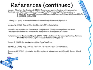 References (continued)
Laureate Education, Inc. (Producer). (2010h). Response perspective: Reading-writing connection.
Retrieved from ttps://class.waldenu.edu/webapps/portal/frameset.jsp?tab_tab_group_id=_
2_1&url=%2Fwebapps%2Fblackboard%2Fexecute%2Flauncher%3Ftype%3DCourse%26id%3
D_3398890_1%26url%3D
Learning A-Z. (n.d.). Retrieved from http://www.readinga-z.com/book.php?id=175
Lewison, W. (2002). Buzz said the bee. New York, NY: Scholastic Inc.
National Association for the Education of Young Children. (1998). Learning to read and write:
Developmentally appropriate practices for young children. Washington, DC: Author.
National Council of Teachers of English. (2009). NCTE beliefs about the teaching of writing. Retrieved
from http://www.ncte.org/positions/statements/writingbeliefs
Samuel, J. (2007). One sneaky sheep. China: Piggy Toes Press.
Schindel, J. (2006). Busy barnyard. New York, NY: Random House Childrens Books.
Tompkins, G. E. (2010). Literacy for the 21st century: A balanced approach (5th ed.). Boston: Allyn &
Bacon.
 